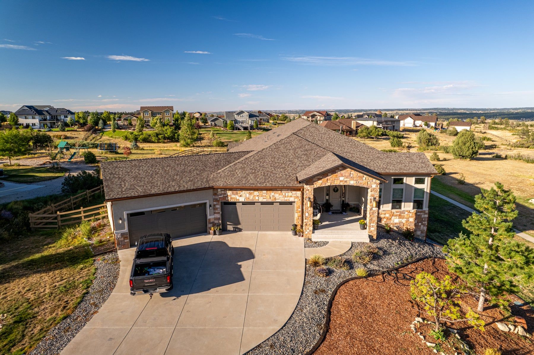 Aerial view of a home with copper gutters